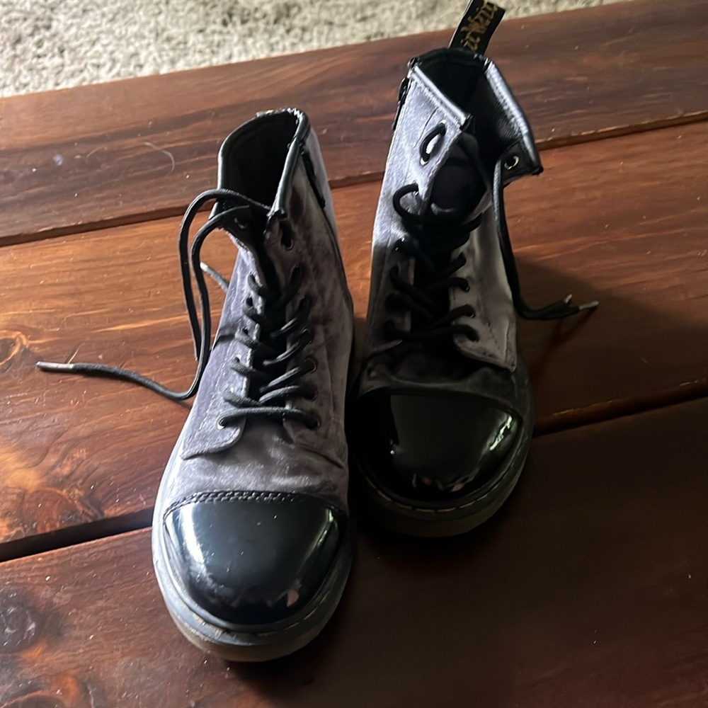 Grey velvet Dr. Martens with patent leather toe